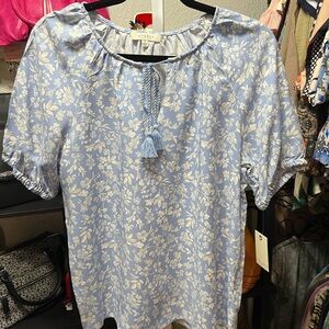 Angels Sky Blue White Floral Tassel Peasant Blouse